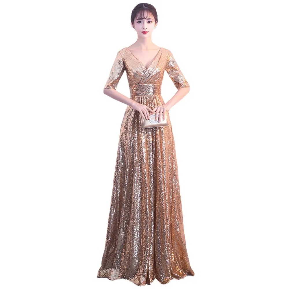 NEW Luxury and Elegant Gorgeous Gold Sequined Bridesmaid,Prom,Grad Party Gown
